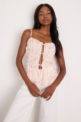 Mariasole Light Pink Floral Lace Tie-Front Cami Top