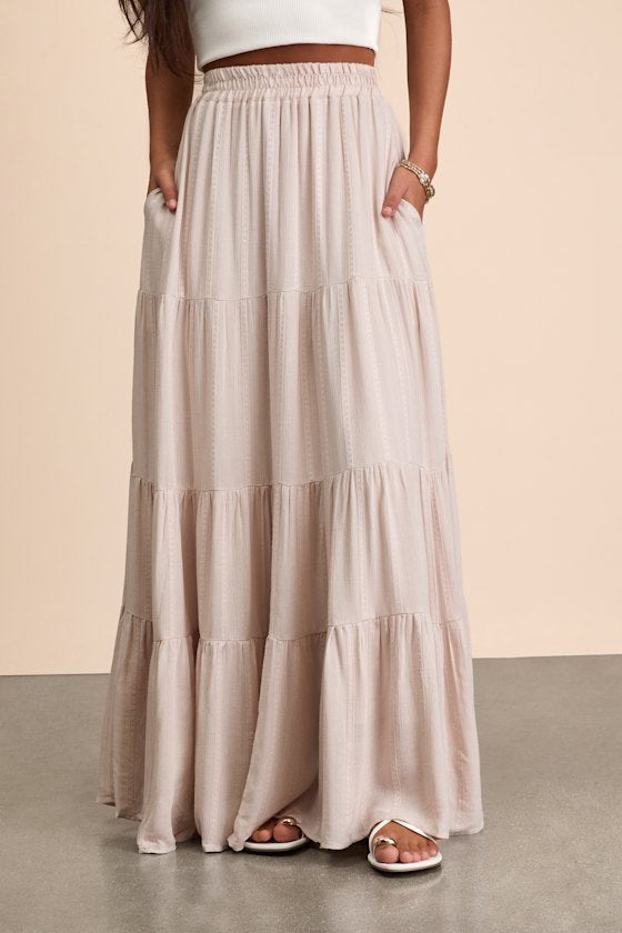 Sunset by the Sea Light Beige Embroidered Tiered Maxi Skirt