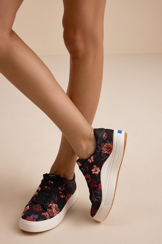 Park Black and Blush Floral Lace-Up Platform Sneakers