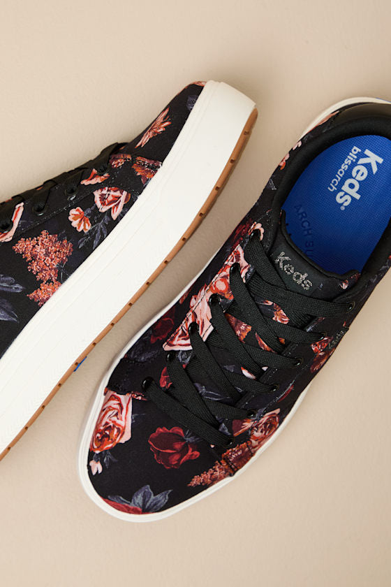 Park Black and Blush Floral Lace-Up Platform Sneakers