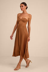 Irelyn Light Brown Satin Bustier Midi Dress
