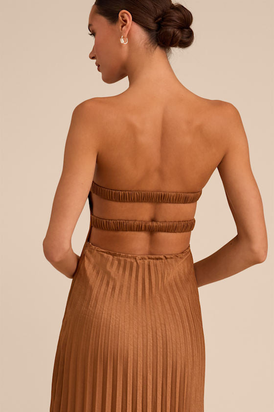 Irelyn Light Brown Satin Bustier Midi Dress