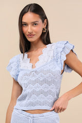 Caroline Light Blue Crochet Knit Flutter Sleeve Top