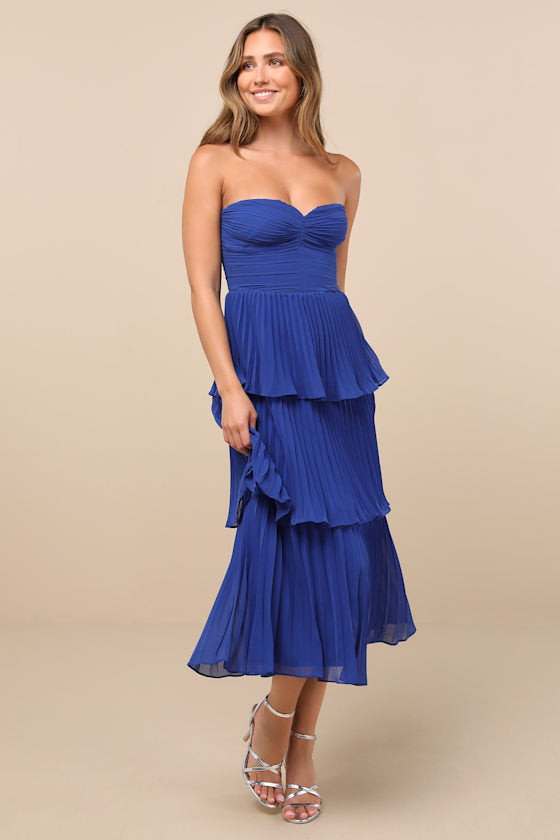 Seriously Sensational Cobalt Blue Strapless Tiered Midi Dress