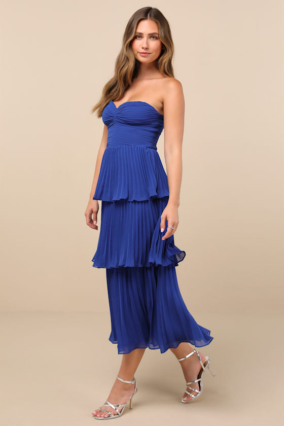 Seriously Sensational Cobalt Blue Strapless Tiered Midi Dress