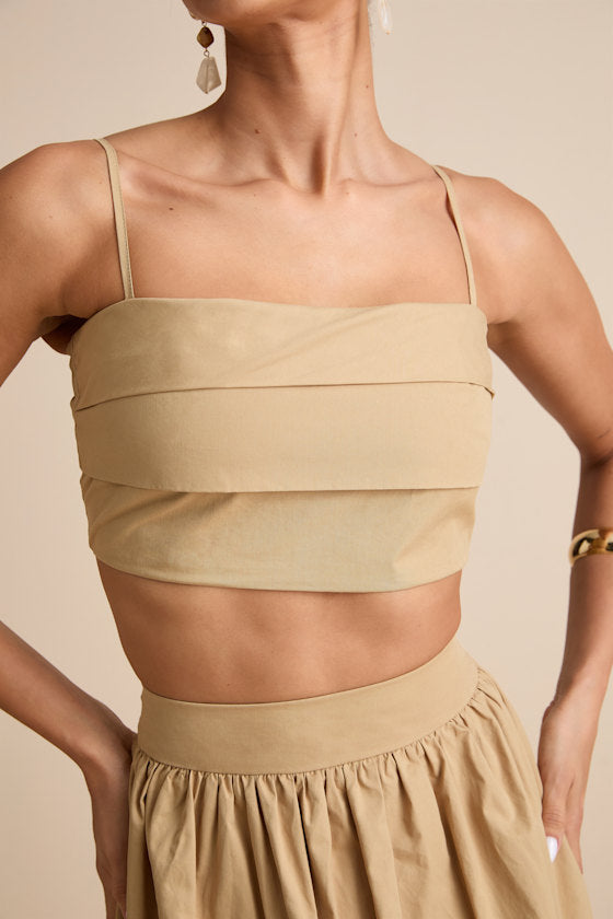 Marina Tan Pleated Cotton Cami Crop Top