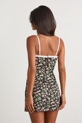 Viviette Dark Brown Floral Embroidered Mini Dress