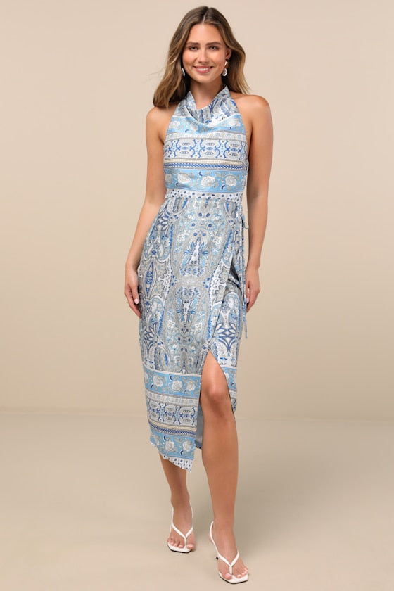 Radina Blue Paisley Print Satin Halter Midi Wrap Dress