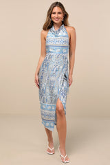 Radina Blue Paisley Print Satin Halter Midi Wrap Dress