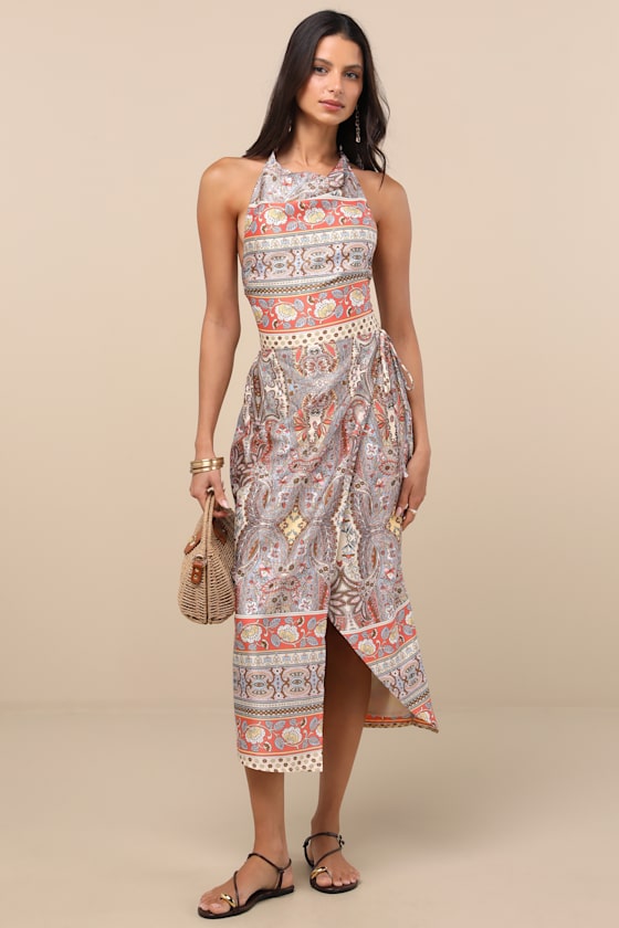 Radina Orange Paisley Print Satin Halter Midi Wrap Dress