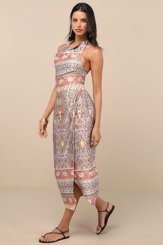 Radina Orange Paisley Print Satin Halter Midi Wrap Dress