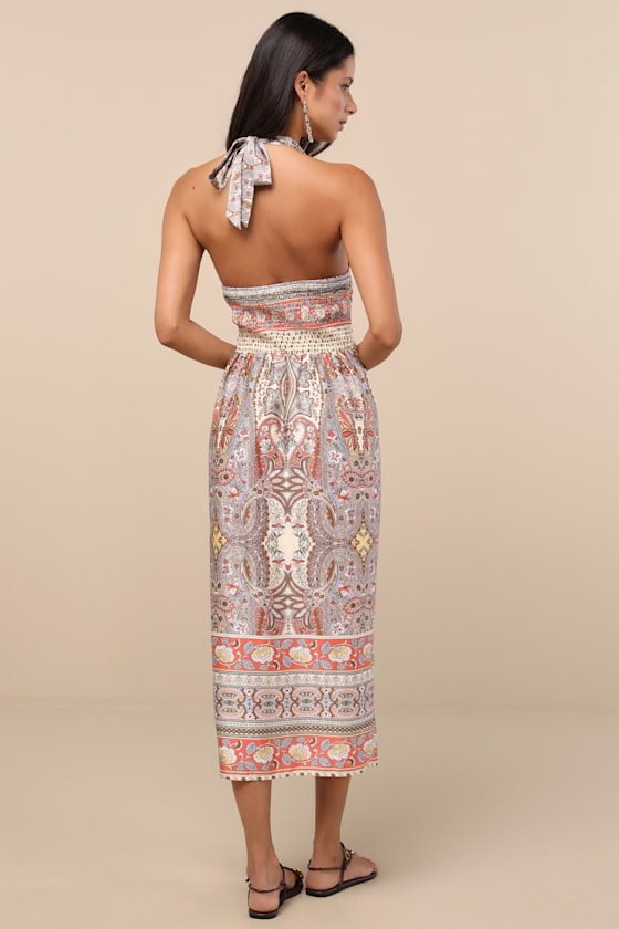 Radina Orange Paisley Print Satin Halter Midi Wrap Dress