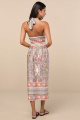 Radina Orange Paisley Print Satin Halter Midi Wrap Dress