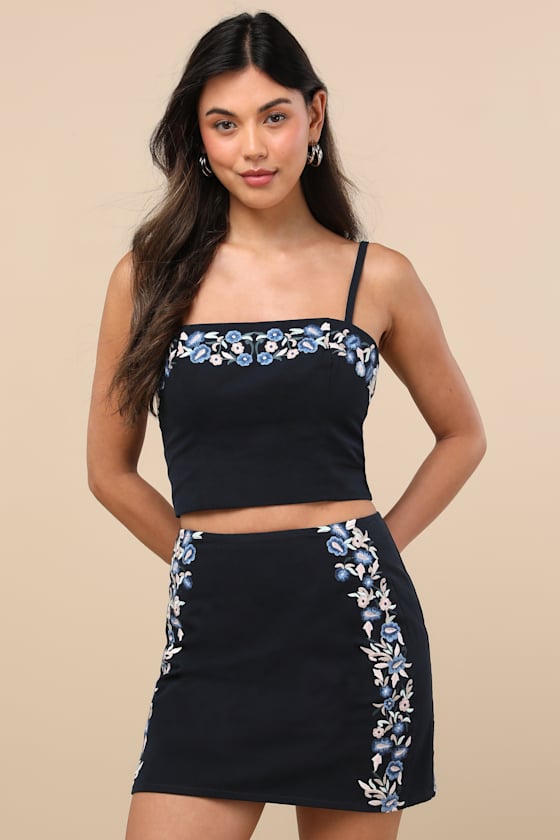Rosabella Dark Navy Floral Embroidered Two-Piece Mini Dress