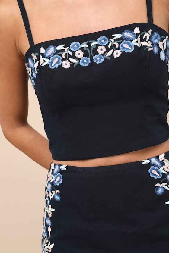 Rosabella Dark Navy Floral Embroidered Two-Piece Mini Dress