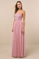 Lonica Mauve Sequin Beaded Strapless Maxi Dress