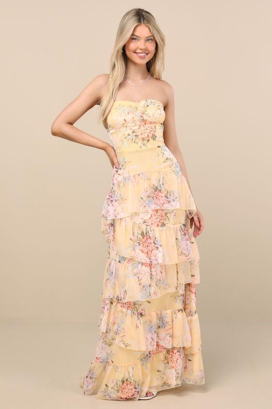 Niyati Yellow Floral Strapless Tiered Maxi Dress