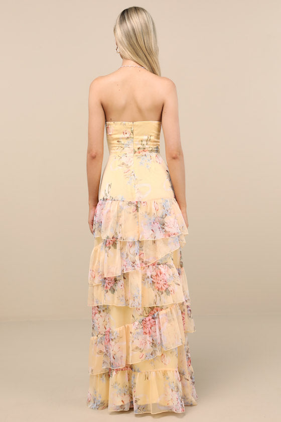 Niyati Yellow Floral Strapless Tiered Maxi Dress