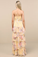 Niyati Yellow Floral Strapless Tiered Maxi Dress