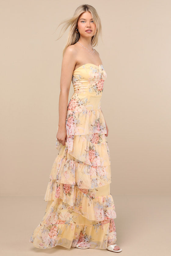 Niyati Yellow Floral Strapless Tiered Maxi Dress
