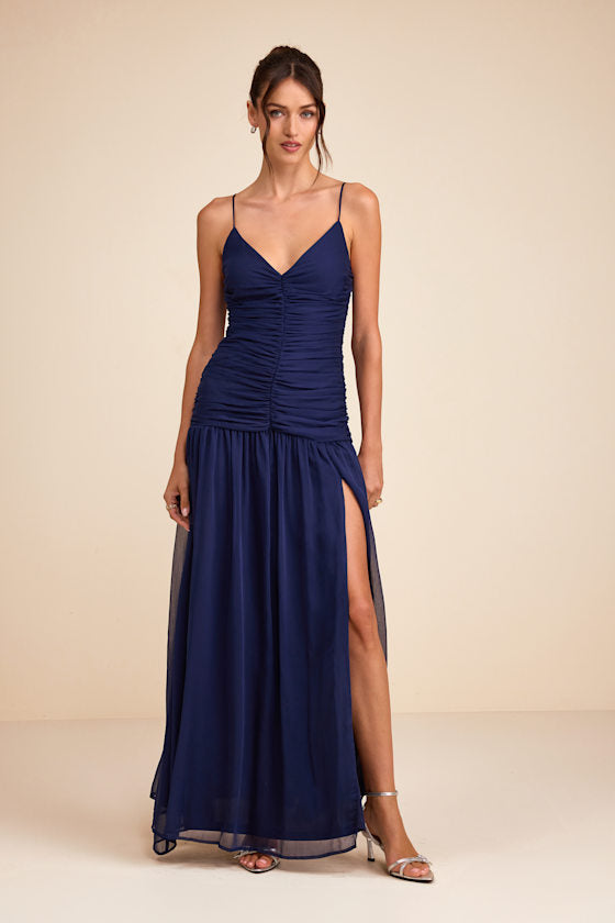 Ronna Navy Ruched Drop Waist Maxi Dress