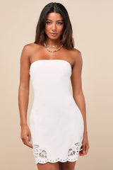 Ineth White Denim Strapless Embroidered Mini Dress