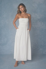 Ania White Strapless Smocked Midi Dress