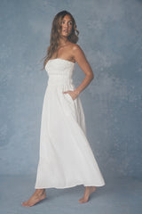 Ania White Strapless Smocked Midi Dress
