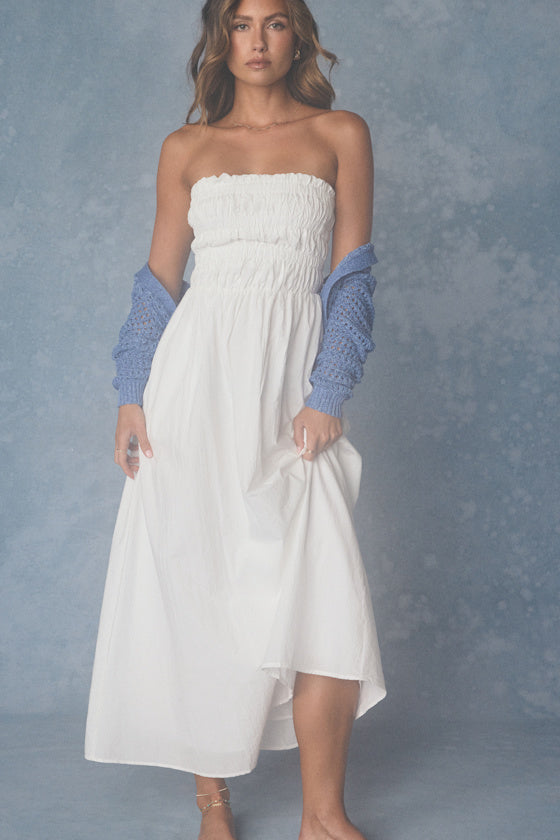 Ania White Strapless Smocked Midi Dress