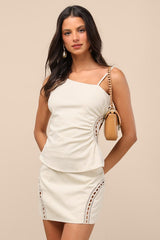 Mahsa Cream Crochet Embroidered Asymmetrical Tank Top