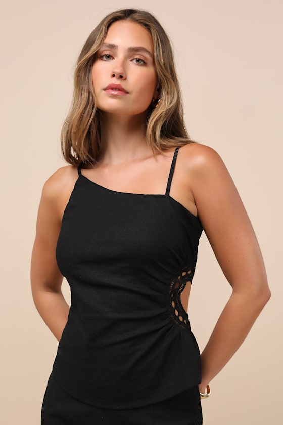 Mahsa Black Crochet Embroidered Asymmetrical Tank Top