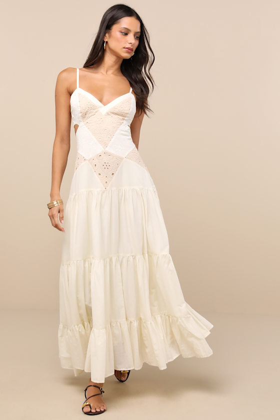 Maisha Ivory and Beige Embroidered Drop Waist Maxi Dress