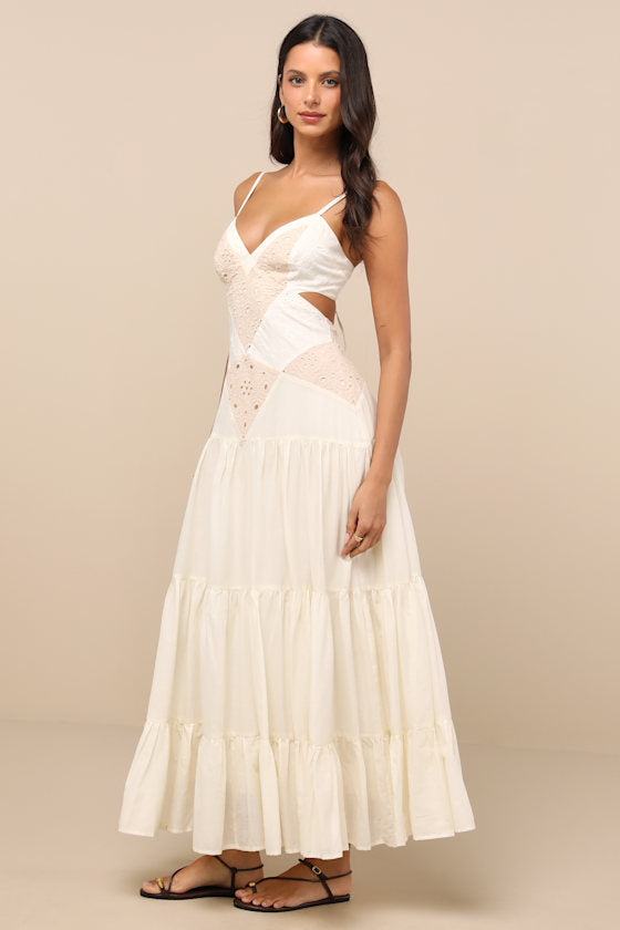 Maisha Ivory and Beige Embroidered Drop Waist Maxi Dress
