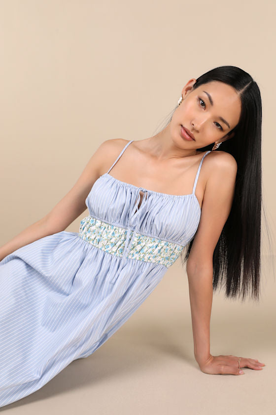 Shereen Blue Striped and Floral Sleeveless Poplin Midi Dress