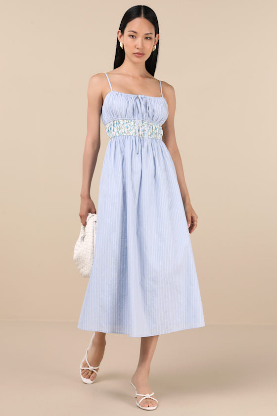 Shereen Blue Striped and Floral Sleeveless Poplin Midi Dress