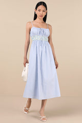 Shereen Blue Striped and Floral Sleeveless Poplin Midi Dress