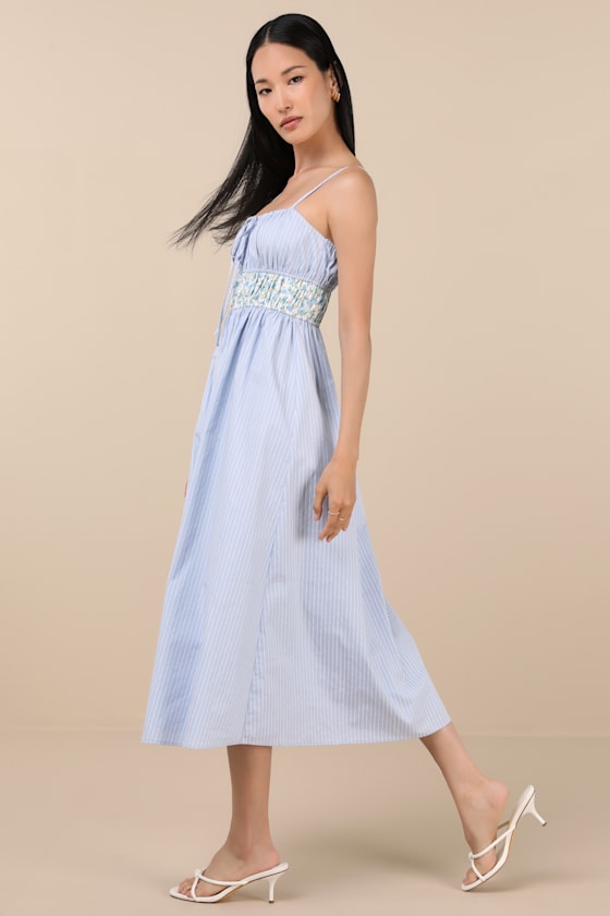 Shereen Blue Striped and Floral Sleeveless Poplin Midi Dress