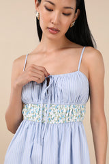 Shereen Blue Striped and Floral Sleeveless Poplin Midi Dress