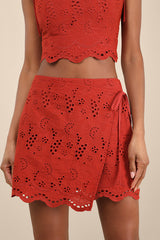 Kamilla Rust Red Eyelet Embroidered Mini Wrap Skirt