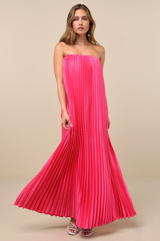 Divian Hot Pink Ombre Pleated Swing Maxi Dress