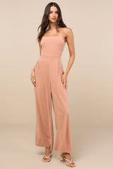 Breezy Essential Light Brown Linen Wide-Leg Jumpsuit