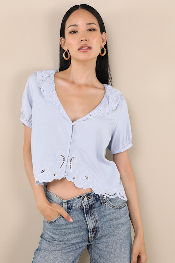 Briallen Light Blue Embroidered Short Sleeve Top