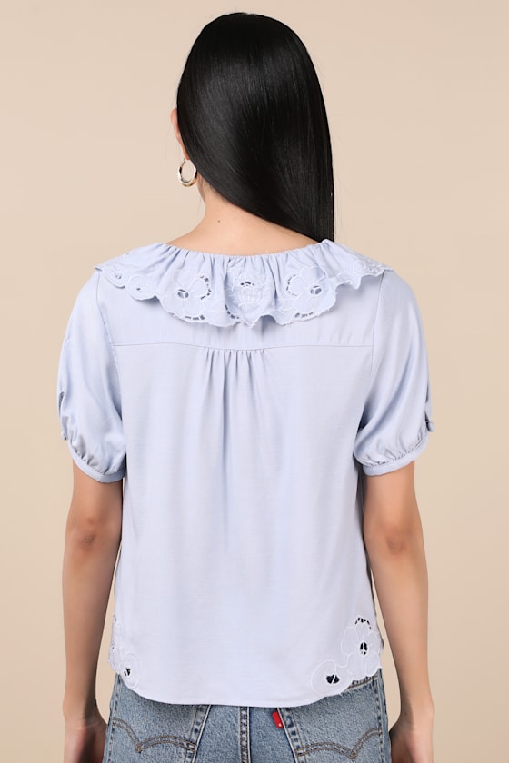 Briallen Light Blue Embroidered Short Sleeve Top