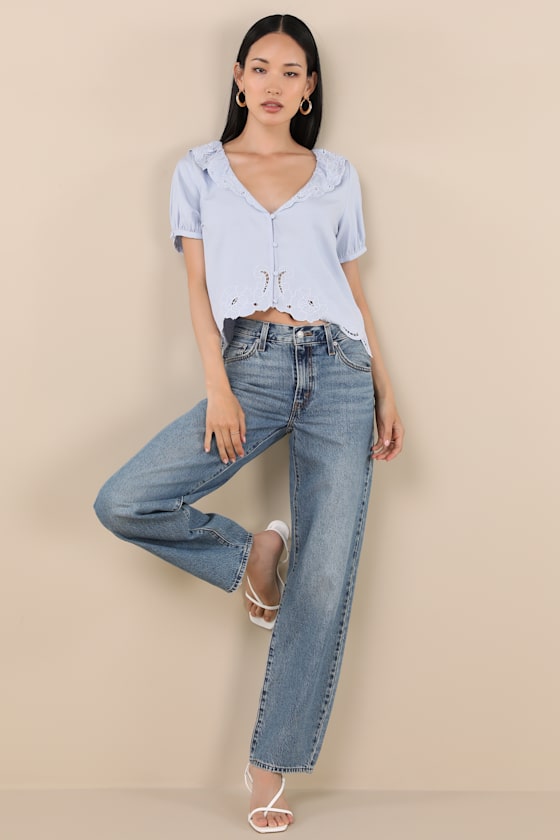 Briallen Light Blue Embroidered Short Sleeve Top