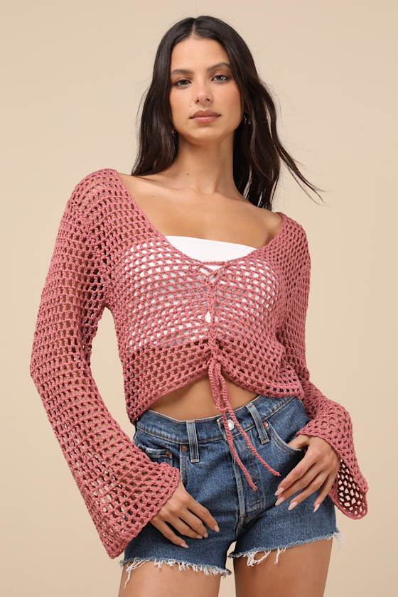 Saray Dusty Rose Loose Crochet Knit Lace-Up Sweater Crop Top