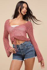 Saray Dusty Rose Loose Crochet Knit Lace-Up Sweater Crop Top