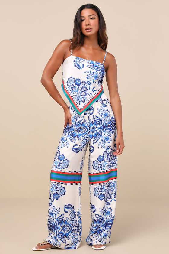 Tulla White and Blue Floral Satin Handkerchief Cami Top