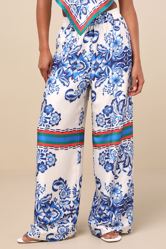 Tulla White and Blue Floral Satin Wide-Leg Pants