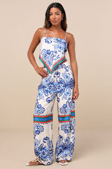 Tulla White and Blue Floral Satin Wide-Leg Pants
