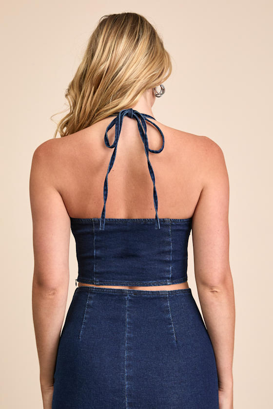 Helaine Dark Wash Denim Halter Crop Top